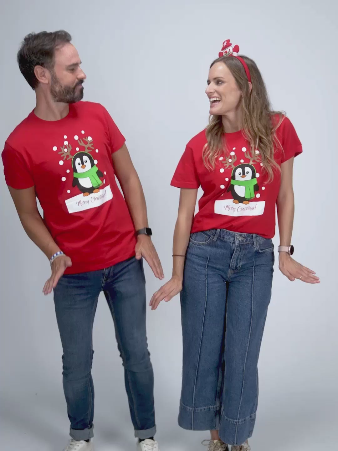 T-Shirt de Natal Vermelha para Família com Pinguim