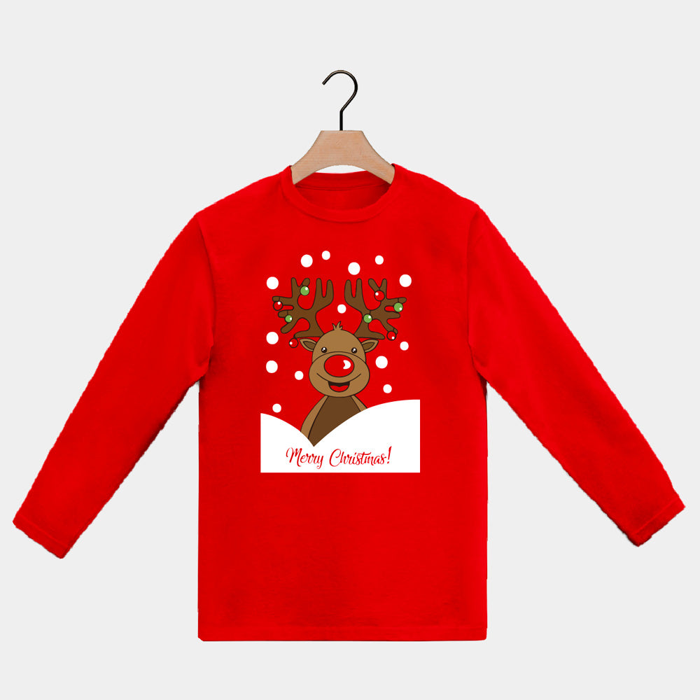 T-shirt de Natal Manga Comprida Vermelha para Família Rena Rudolph