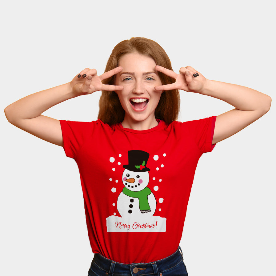T-shirt de Natal Vermelha para Família com Boneco de neve mulher