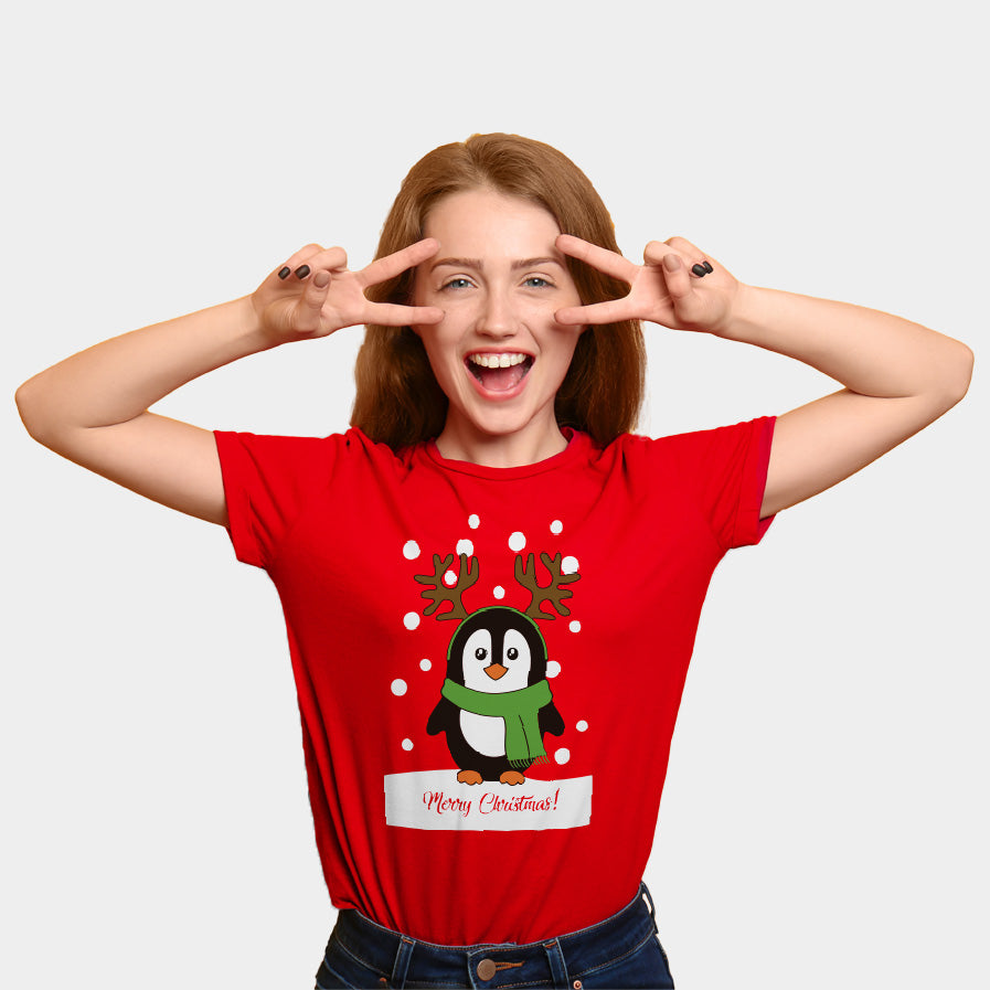 T-Shirt de Natal Vermelha para Família com Pinguim Mulher