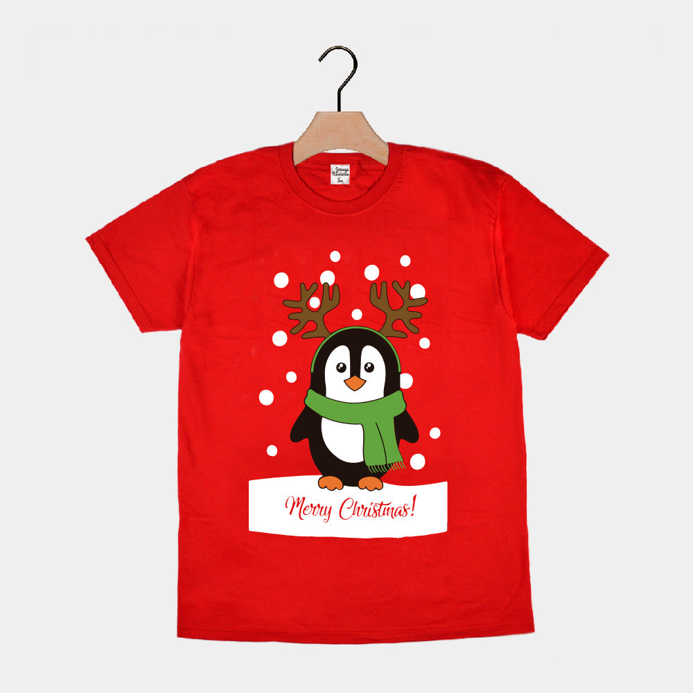 T-Shirt de Natal Vermelha para Família com Pinguim