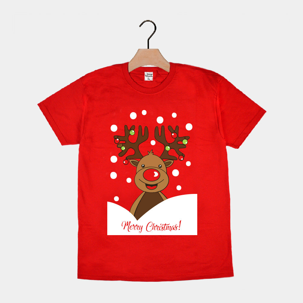T-shirt de Natal Vermelha para Família com Rena Rudolph