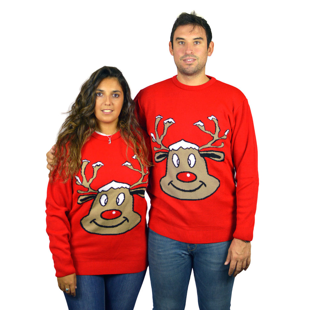 Camisola de Natal Vermelha com Rena Sorridente casal