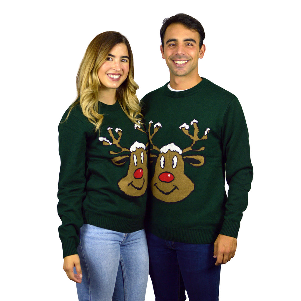 Camisola de Natal Verde para Família com Rena Sorridente casal