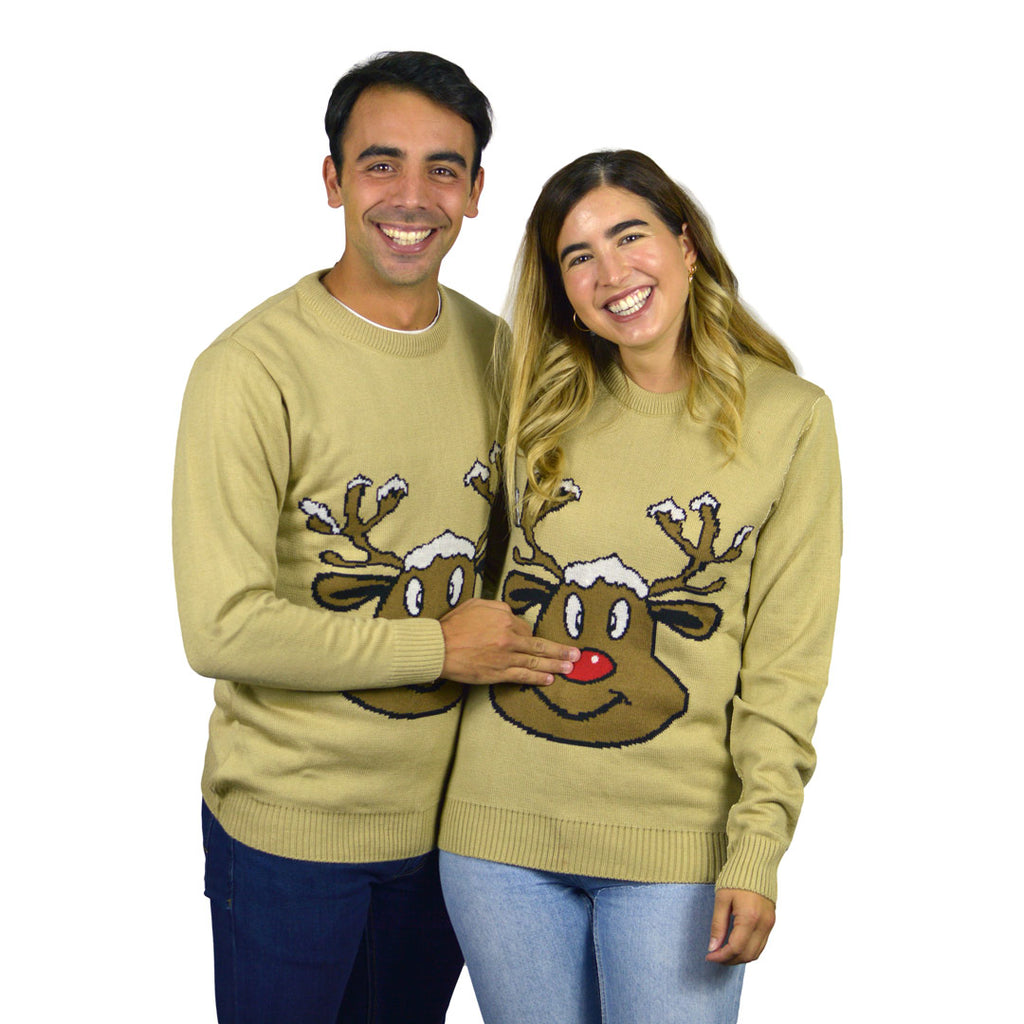 Camisola de Natal para Família Bege com Rena Sorridente casal