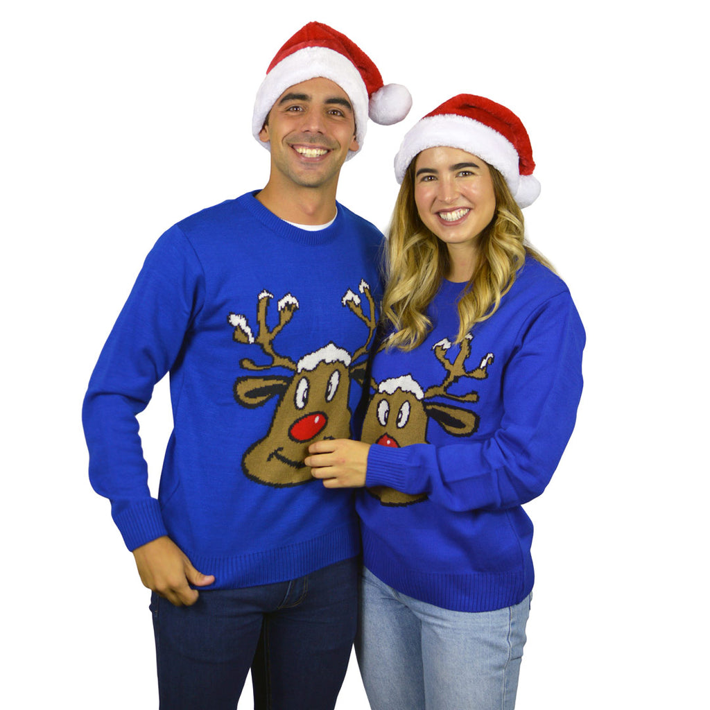 Camisola de Natal para Família Azul com Rena Sorridente casal