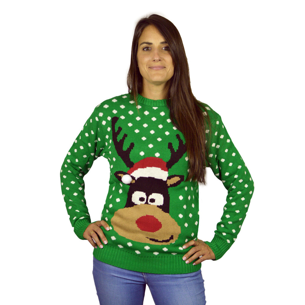 Camisola de Natal Verde Rena com Gorro 3D mulher