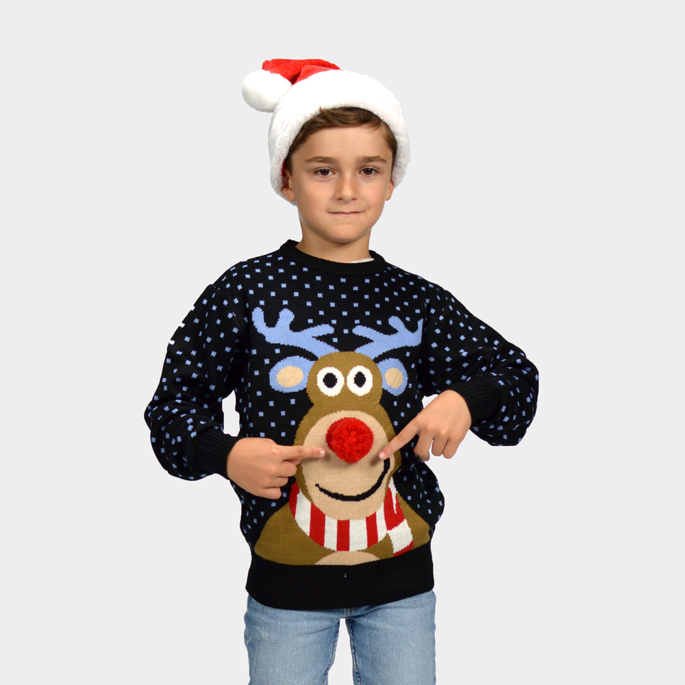 Camisola de Natal para Menino Azul Rena com Nariz Vermelho 3D