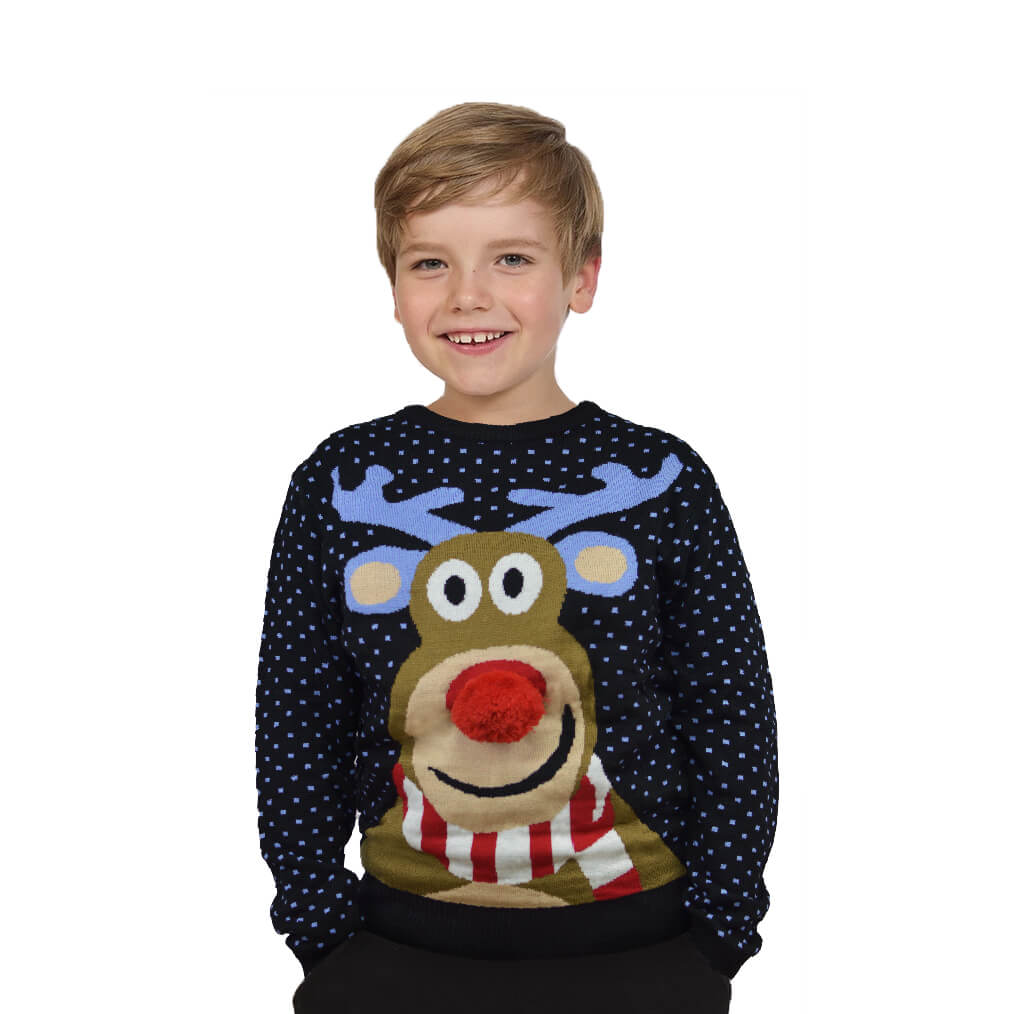 Camisola de Natal para Família Azul Rena com Nariz Vermelho 3D Menino