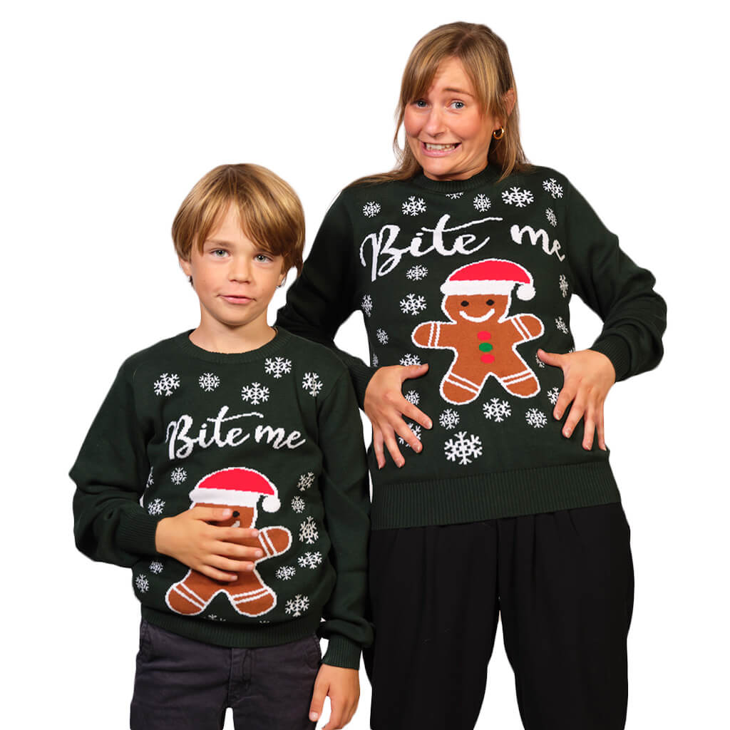 Camisola de Natal para Família Bite Me Gingerbread Mulher e Menino