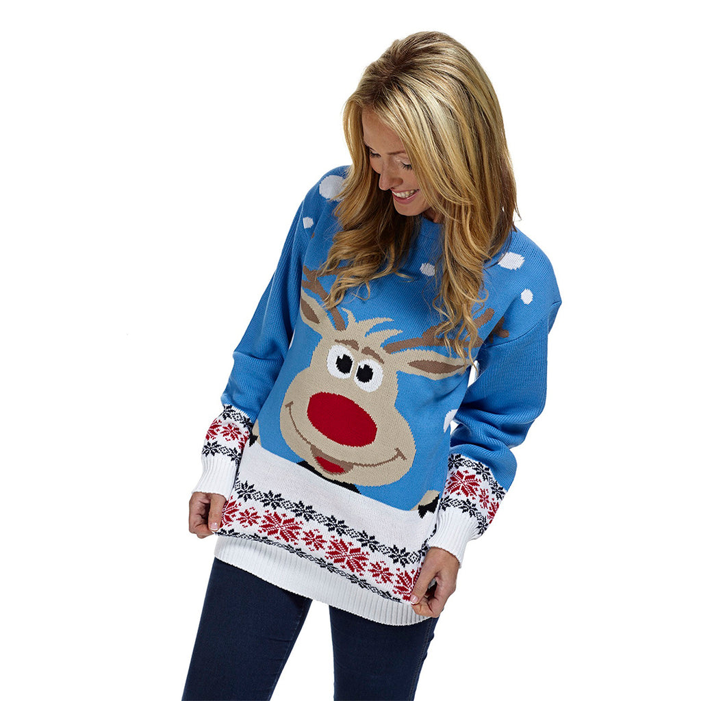 Camisola de Natal para Família Azul Claro com Rena e Neve Mulher