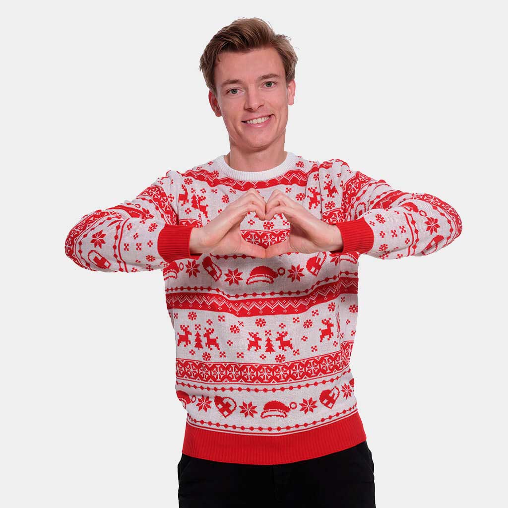 Camisola de Natal Vermelha e Branca com Renas e Corações Homem