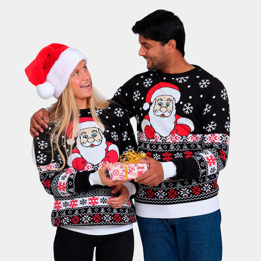 Camisola de Natal Preta com Pai Natal e Neve Casal