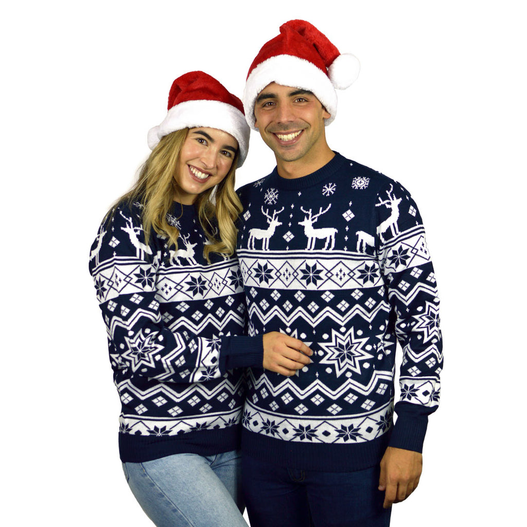 Camisola de Natal com Renas e Estrelas Azul Nordic casal