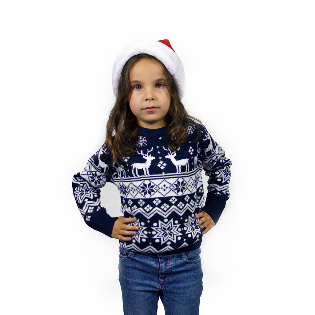Camisola de Natal para Família com Renas e Estrelas Azul Nordic Menina