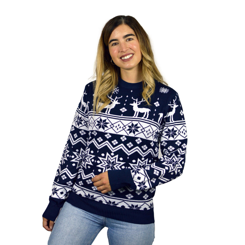 Camisola de Natal para Família com Renas e Estrelas Azul Nordic Mulher