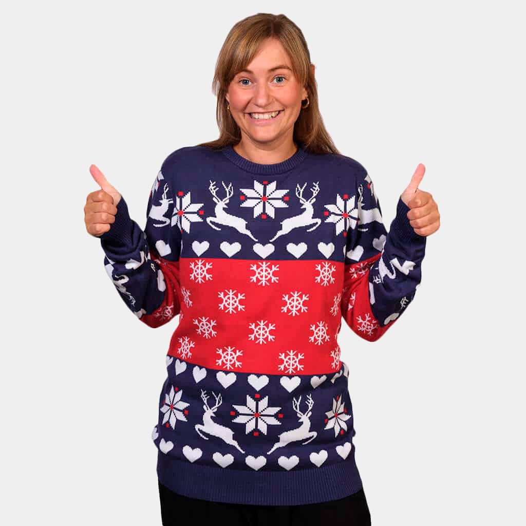 Camisola de Natal Renas e Corações Azul e Vermelha Mulher