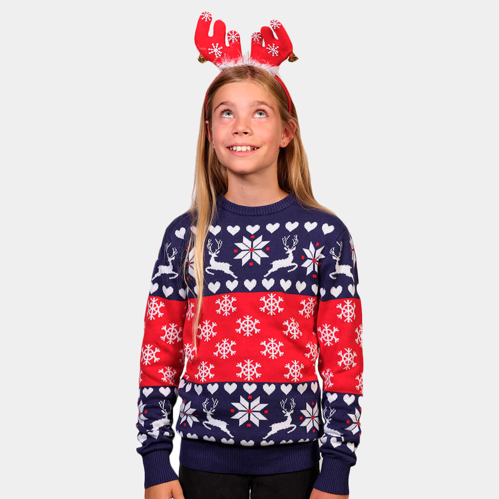 Camisola de Natal para Menina Renas Corações Azul e Vermelha