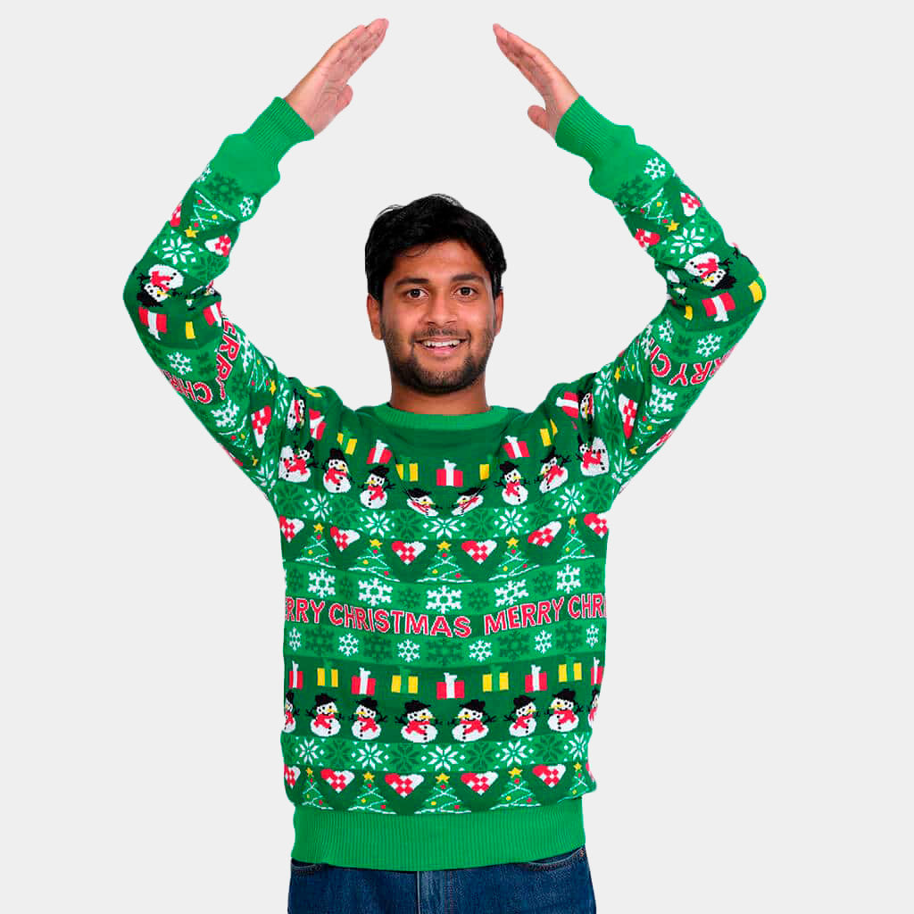 Camisola de Natal Verde com Árvores e Bonecos de Neve Homem