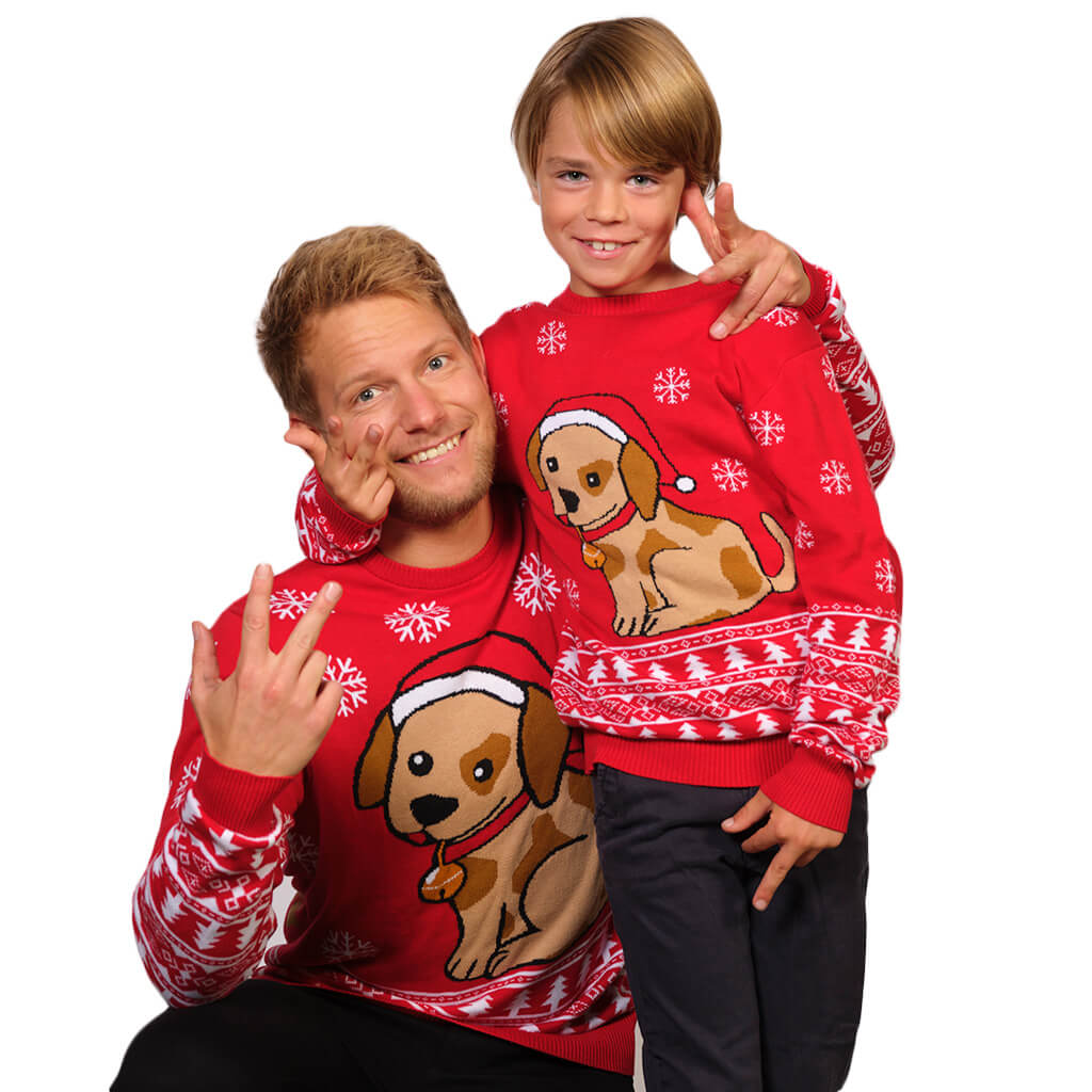 Camisola de Natal para Família Vermelha com Cachorrinho Menino e Homem