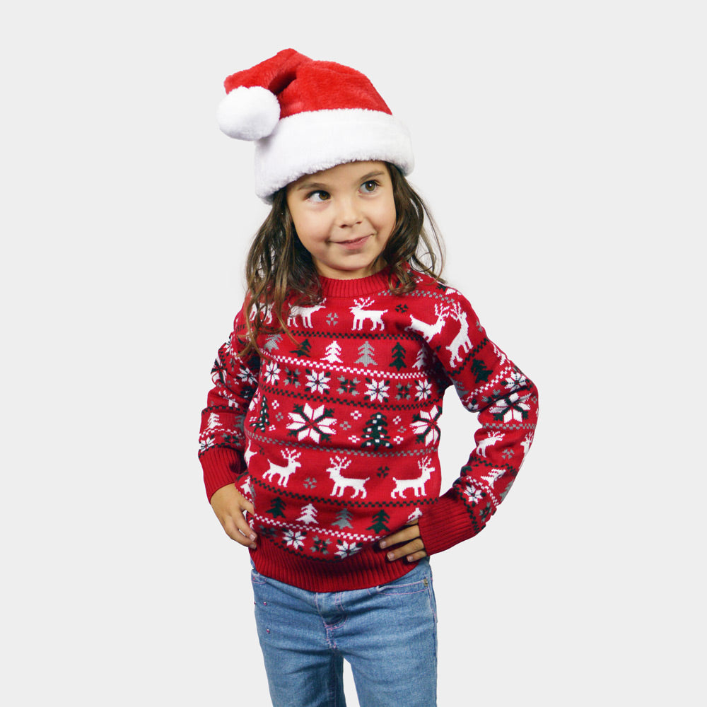 Camisola de Natal para Menina e Menino Vermelha com Renas, Árvores e Estrela Polar Menina