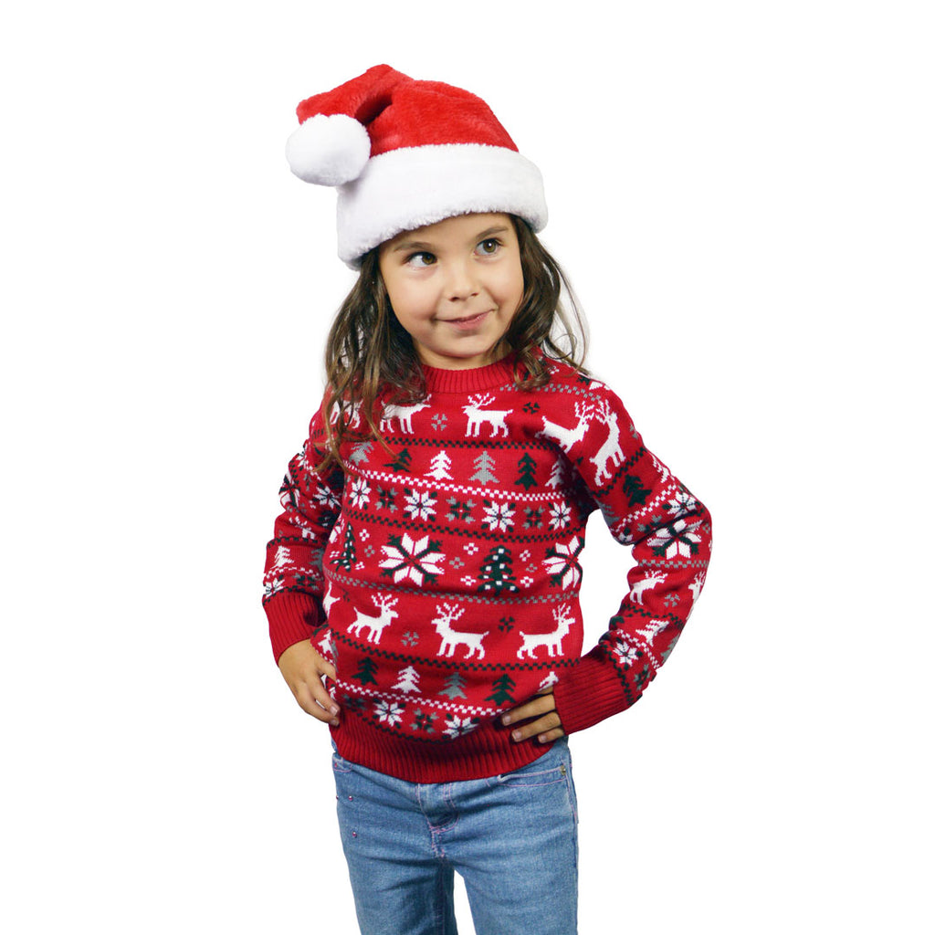 Camisola de Natal para Menina e Menino Vermelha com Renas, Árvores e Estrela Polar Menina