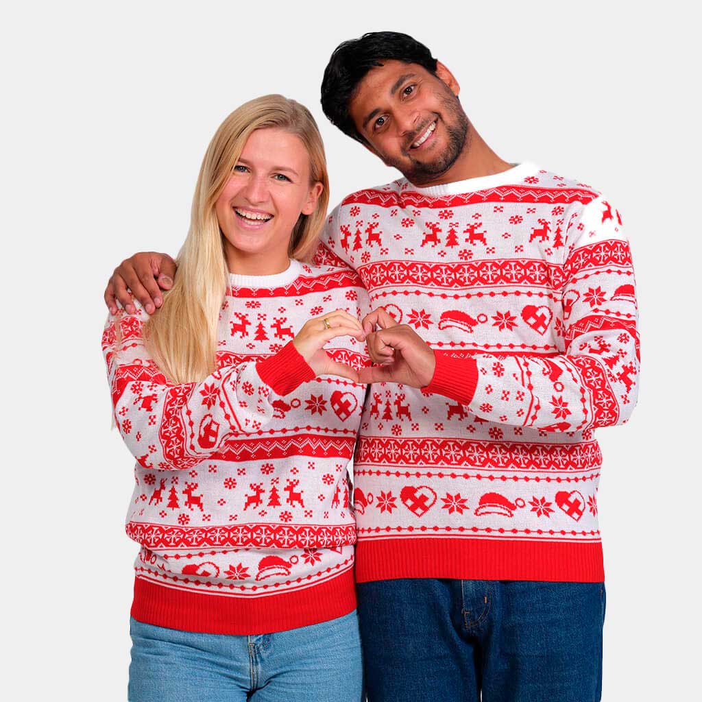 Camisola de Natal Vermelha e Branca com Renas e Corações Casal