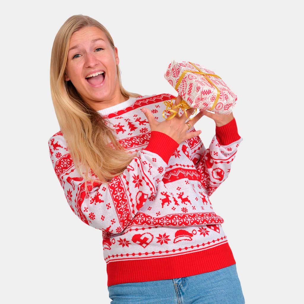 Camisola de Natal Vermelha e Branca com Renas e Corações Mulher