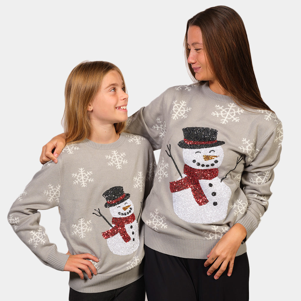 Camisola de Natal Cinza com Boneco de Neve Mulher e Menina