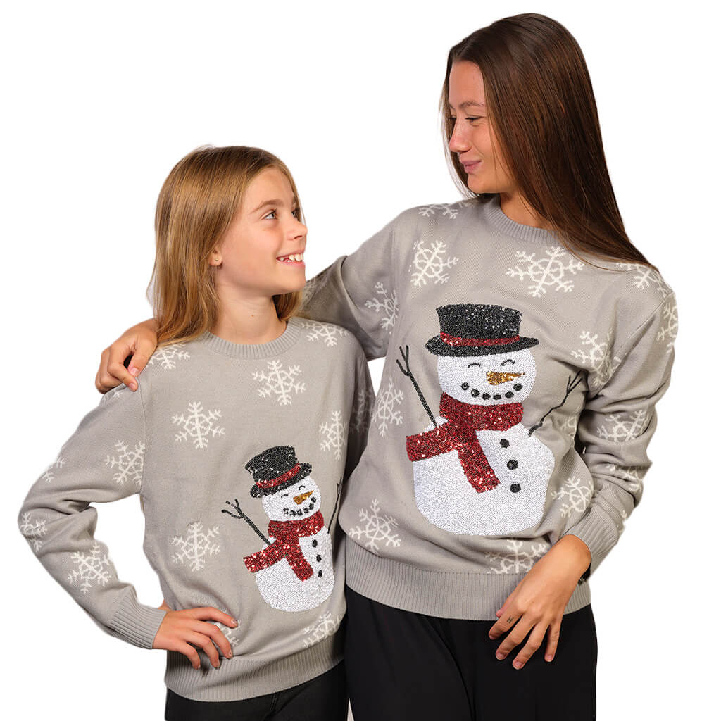 Camisola de Natal Cinza com Boneco de Neve Mulher e Menina