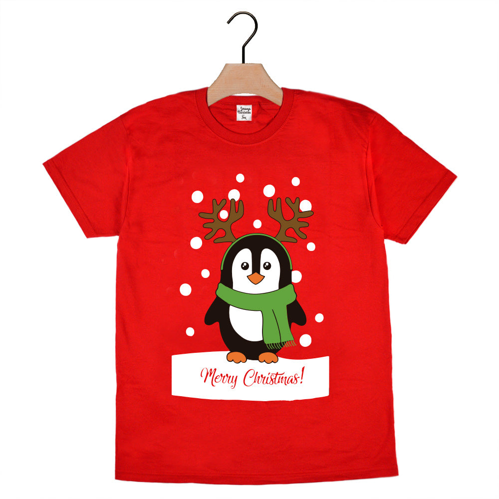 T-Shirt de Natal Vermelha com Pinguim