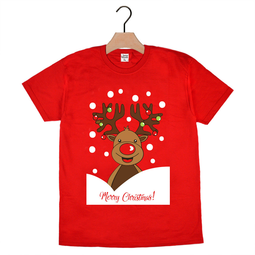 T-shirt de Natal Vermelha com Rena Rudolph