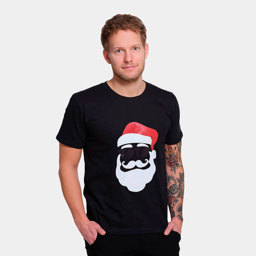 T-shirt de Natal Preta Pai Natal Hipster Homem