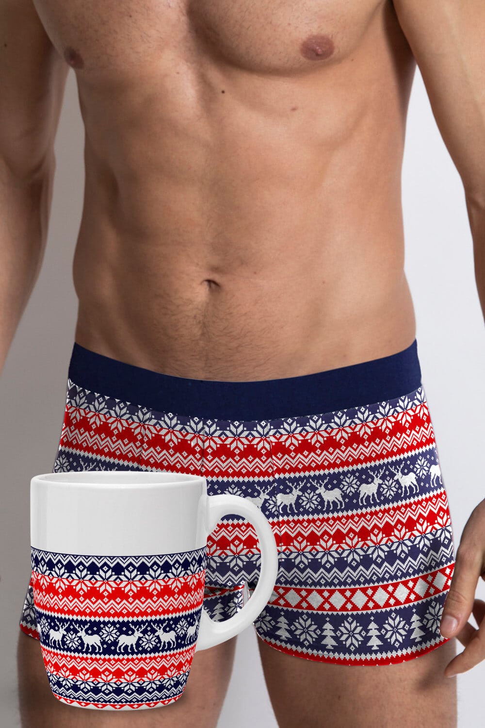 Boxer de Natal para Homem Azul e Vermelha com Renas + Xícara