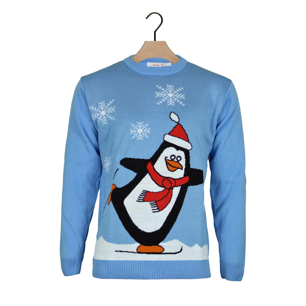 Camisola de Natal Azul Claro para Menina e Menino com Pinguim