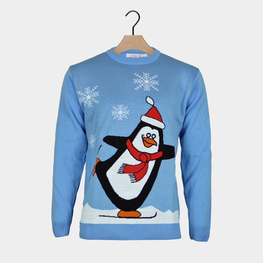 Camisola de Natal Azul Claro para Família com Pinguim