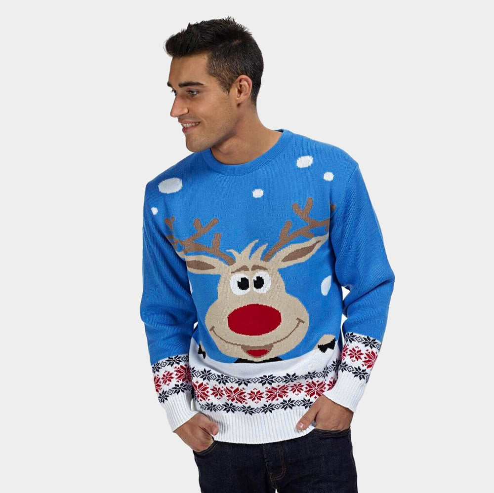 Camisola de Natal Azul Claro com Rena e Neve Homem