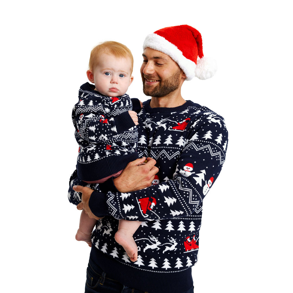 Camisola de Natal Azul para Crianças Árvores, Bonecos e Pai Natal Algodão Orgânico Família