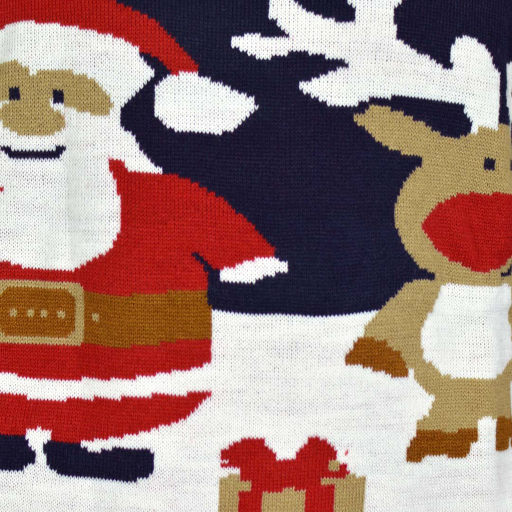 Camisola de Natal Azul para Menina e Menino Pai Natal e Rena Rudolph Detalhe
