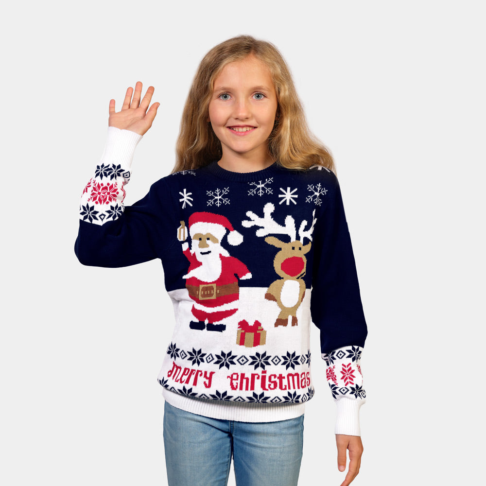 Camisola de Natal Azul para Menina e Menino Pai Natal e Rena Rudolph Menina