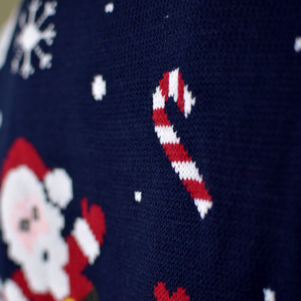 Camisola de Natal Azul Marinho com Pai Natal e Bonecos de Neve Detalhe