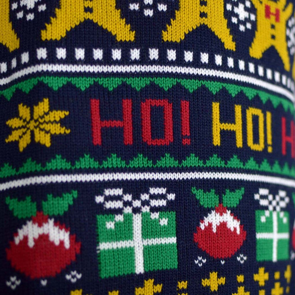 Camisola de Natal Azul Pai Natal Ho Ho Ho! Detalhe