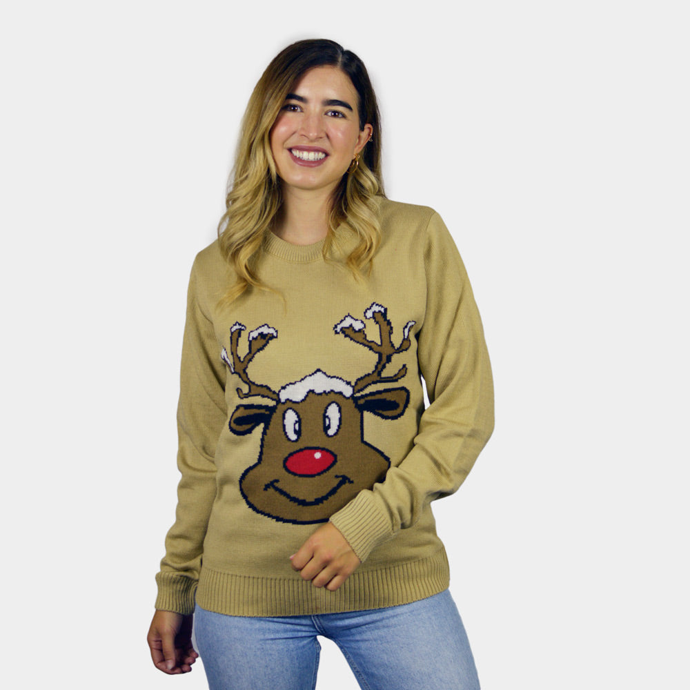 Camisola de Natal Bege com Rena Sorridente Mulher