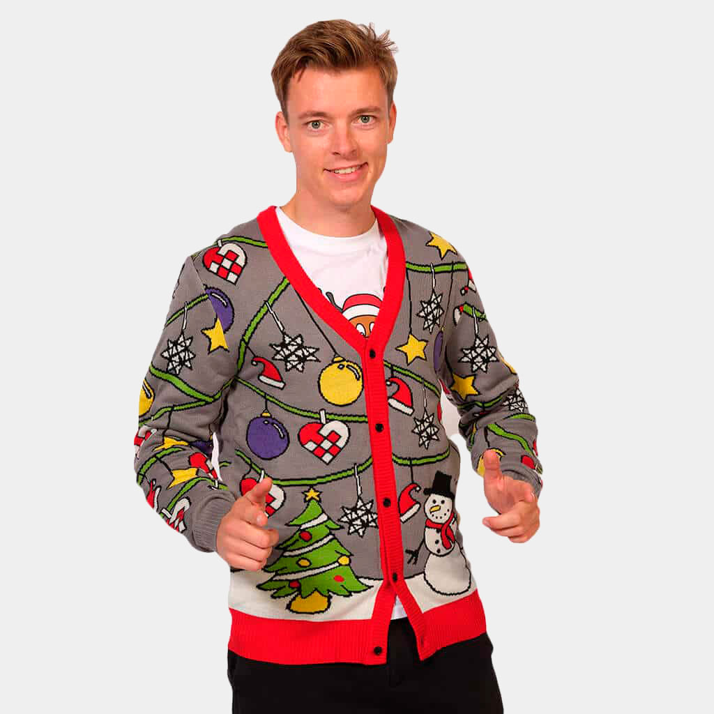 Camisola de Natal Cardigan Árvore e Boneco de Neve Homem