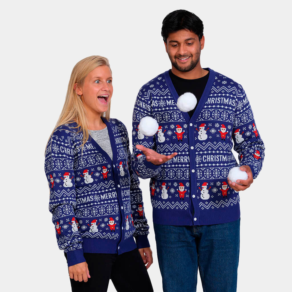 Camisola de Natal Cardigan Azul Let Is Snow Casal Mulher e Homem