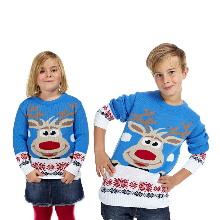 Camisola de Natal para Menina e Menino Azul Claro com Rena e Neve Menina Menino
