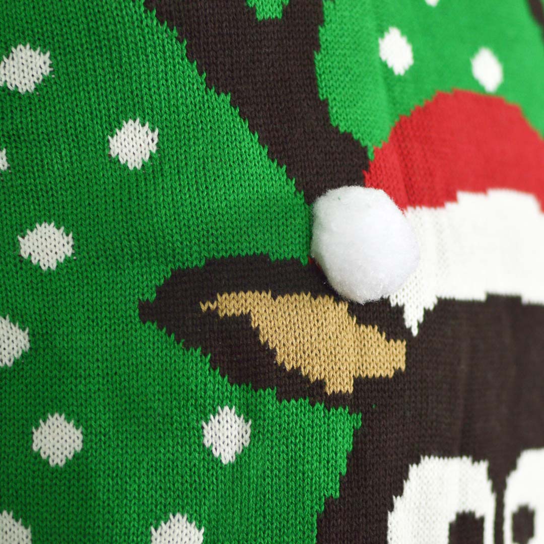 Camisola de Natal para Menina e Menino Verde Rena com Gorro 3D Detalhe