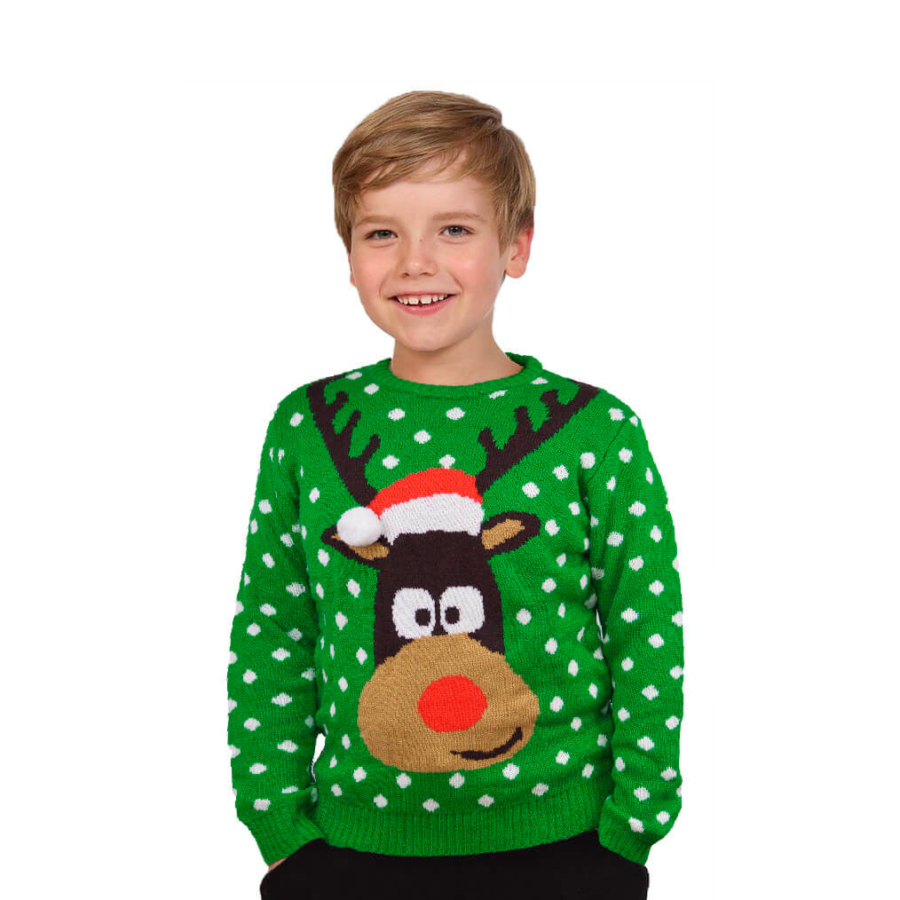 Camisola de Natal para Menina e Menino Verde Rena com Gorro 3D Menino