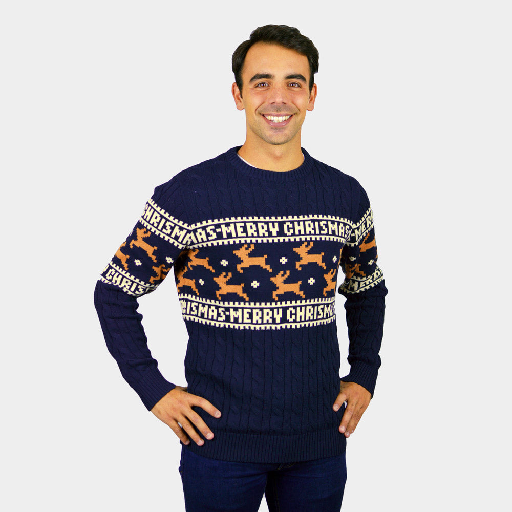 Camisola de Natal Elegante Azul com Renas Homem