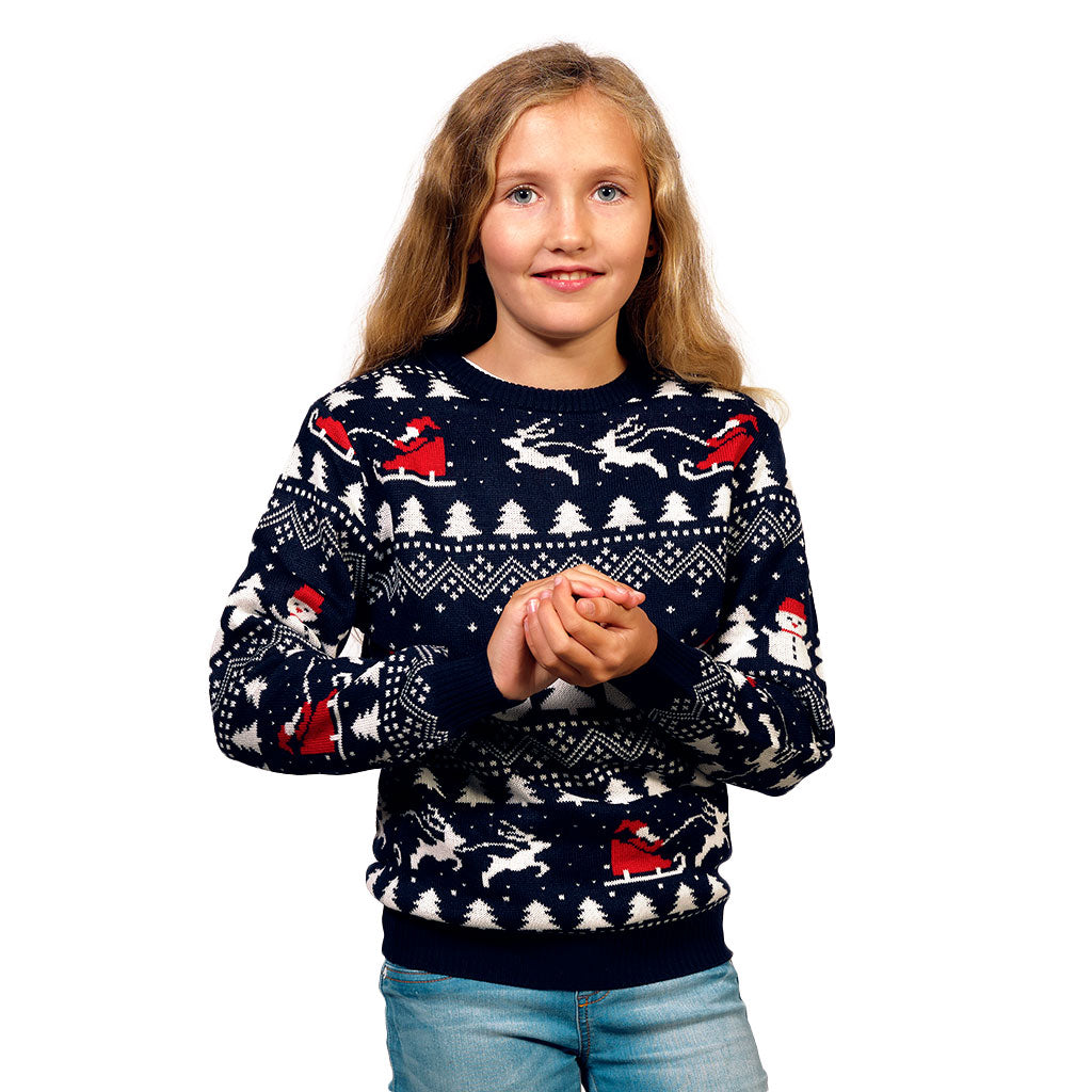 Camisola de Natal Azul para Família com Árvores, Bonecos e Pai Natal Menina
